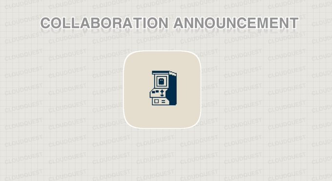 The image displays a "COLLABORATION ANNOUNCEMENT" banner featuring a stylized icon of a stacked machine or arcade cabinet with an upward arrow, set against a beige grid background watermarked with "CLOUDQUEST." This visual ties to the post announcing a partnership between Cloud Quest and @machinesarc, where 3,333 ARC Machines were activated by the community in an "electric forest" as onchain, flat-vector NFTs.