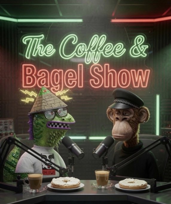 A green lizard-like character wearing glasses and a pyramid hat sits at a podcast table next to a monkey in a black cap, with neon signage reading "The Coffee & Bagel Show" glowing behind them as bagels and coffee cups rest on the table—promoting their new Wednesday series about crypto, NFTs, and tech.