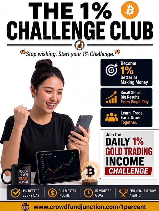 A promotional poster for 'THE 1% CHALLENGE CLUB' featuring a smiling woman looking at her phone with Bitcoin and trading graphics, promoting daily gold trading income at www.crowdfundjunction.com/1percent.