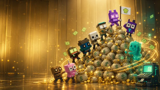 A digital illustration of blocky, pixel-art characters climbing a large pile of money bags marked with dollar signs, holding a flag with a green star symbol.