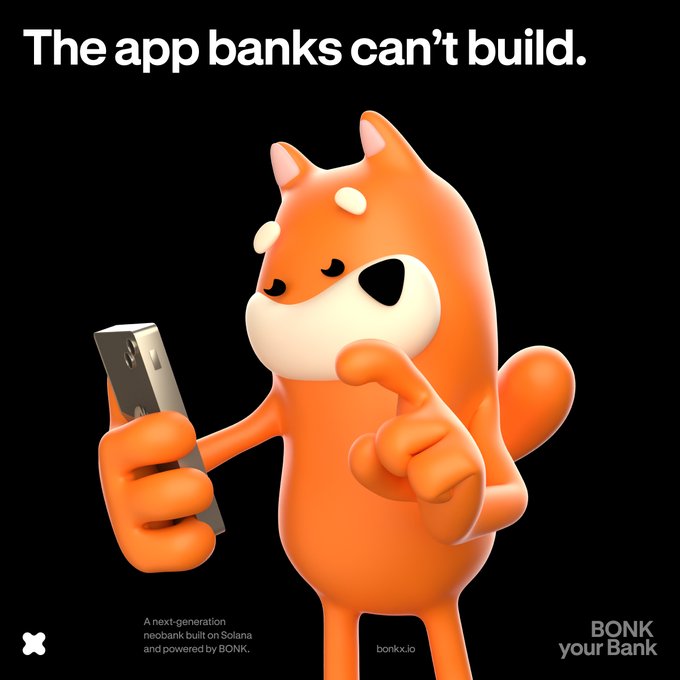 The image features a cartoon character, likely an orange dog or cat, holding a cell phone up to its ear as if it's talking. The text on the image reads "The app banks can't build." This phrase seems to be related to the concept of cryptocurrency and digital currency, which is often associated with mobile banking apps.

In addition to the main image, there are two smaller images in the bottom right corner that appear to be part of a larger post or article about cryptocurrency and mobile banking apps. The text "BONK your Bank" can also be seen at the bottom left corner of the image.