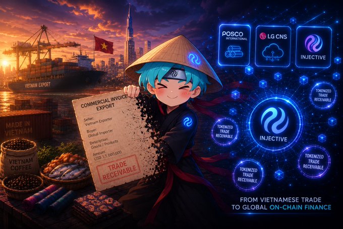 An anime-style illustration featuring a blue-haired character holding a 'COMMERCIAL INVOICE EXPORT' document, with logos for 'POSCO INTERNATIONAL', 'LG CNS', and 'INJECTIVE', and text reading 'FROM VIETNAMESE TRADE TO GLOBAL ON-CHAIN FINANCE'.