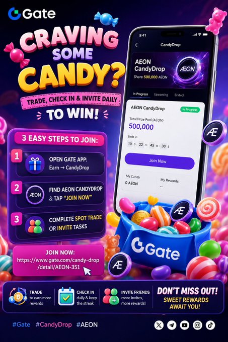 A vibrant promotional graphic for Gate.io's AEON CandyDrop, featuring colorful candies and a smartphone screenshot showing a 500,000 AEON prize pool countdown. The ad highlights three easy steps to participate—opening the Gate app, finding AEON CandyDrop, and completing trades or invite tasks—to earn sweet rewards, matching the post's call to action to join via the provided link.