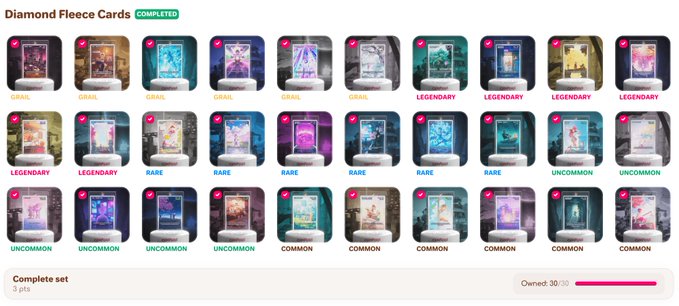 A completed 'Diamond Fleece Cards' collection displaying 30 cards of varying rarities (Omni, Legendary, Rare, Uncommon, Common) in a grid layout with a progress bar showing 'Owned: 30/30'.