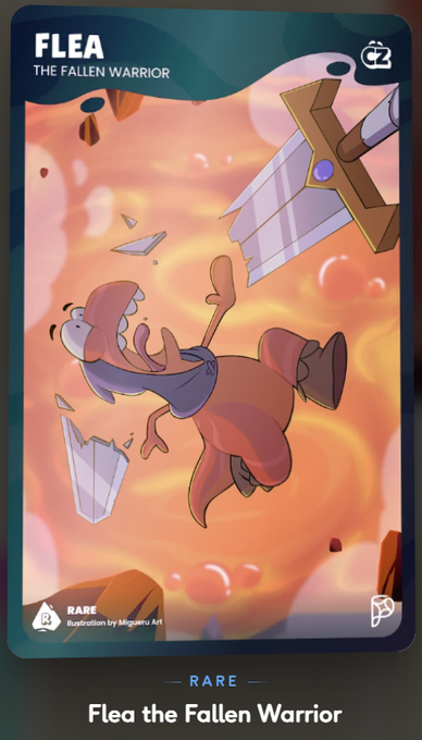 A 'Flea the Fallen Warrior' collectible card showing a cartoon flea character falling with a large sword against an orange, rocky background, marked as 'RARE' with art by Miguelo Art.
