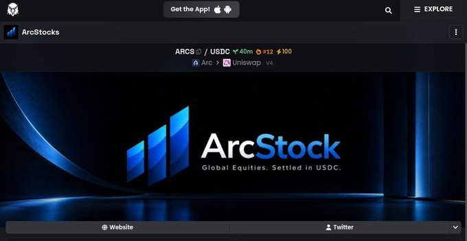 The image shows a DexScreener page for "ArcStocks" with the trading pair ARCS/USDC, displaying a 40m change of -40m, rank #12, and score ⚡100, along with links to Arc and Uniswap v4. The accompanying post mentions a DEX update boosting this specific ArcStocks token's visibility on DexScreener, which aligns with the displayed metrics showing recent trading activity and rankings.