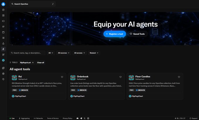 An AI tools marketplace called OpenFlow showing 'Equip your AI agents' with tools like 'Rai', 'Orderbook', and 'Floor Candles' available from FlipFlopChart.
