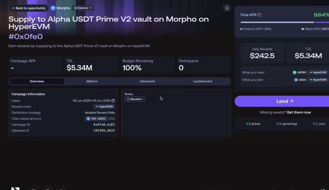 The image shows a page displaying information about an advertisement for an advertisement campaign, specifically focusing on an Alpha fund called the Delta fund. The ad provides details about the fund's performance, including that it has achieved 7.98% base yield from Morpho lending and is at 9.64% APR with a 7.98% daily payouts offering. The ad also mentions that the campaign is live until June 15th and highlights the "Summer" theme of the advertisement.