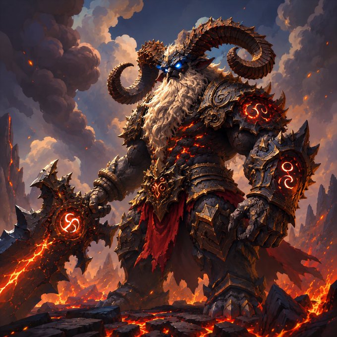 Digital fantasy artwork of a horned, armored warrior with a glowing white beard and blue eyes, wielding a large mace over a fiery, volcanic landscape.