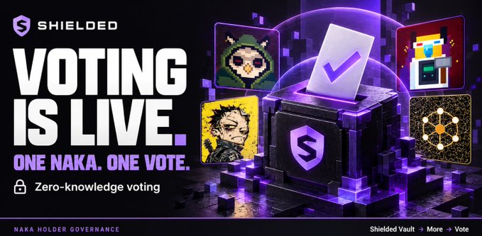 A black-and-purple Shielded governance advertisement reads “VOTING IS LIVE. ONE NAKA. ONE VOTE.” and mentions “Zero-knowledge voting,” with several NFT-style icons.