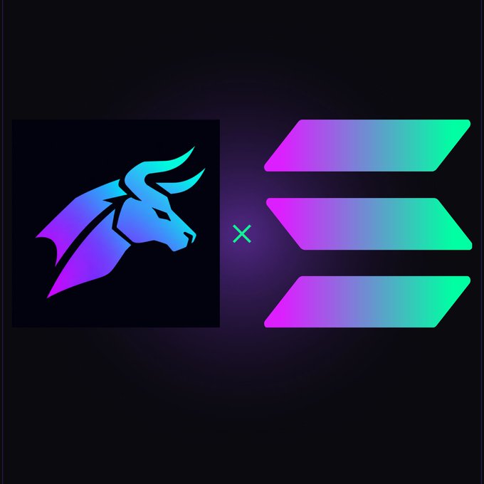 The image shows a promotional graphic featuring a stylized bull's head logo on the left and three gradient (purple to teal) Solana (SOL) symbols on the right, separated by an "X" — visually representing a partnership or collaboration between the BullrunCash project and the Solana blockchain.
