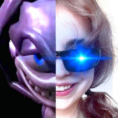 A split image showing a creepy purple face on the left half and a woman with glowing blue sunglasses on the right half.