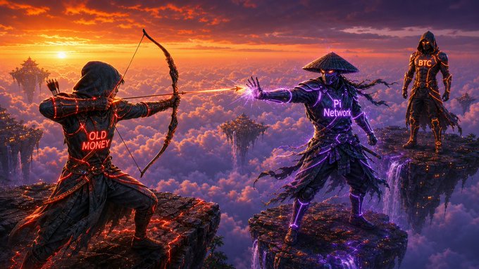 A fantasy digital artwork depicts three warrior figures on floating islands: an archer labeled 'OLD MONEY' shooting at a purple-clad ninja labeled 'Pi Network', while a hooded figure labeled 'BTC' observes from the right, set against a sunset sky.