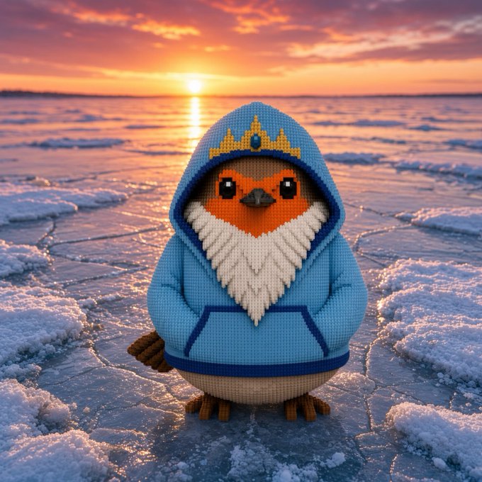 AI-generated image of a robin wearing a blue knitted hoodie with a crown emblem, standing on ice at sunset.