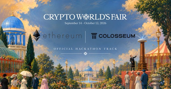 A vintage-style fair poster for "Crypto World's Fair" (September 14 – October 12, 2026) featuring Ethereum and Colosseum logos as an "Official Hackathon Track," set against a whimsical backdrop of ornate domes, lush gardens, and Victorian-era crowds in period dress—visually tying the retro World's Fair aesthetic to the announcement of four Ethereum ecosystem hackathon tracks offering $100k in total prizes.