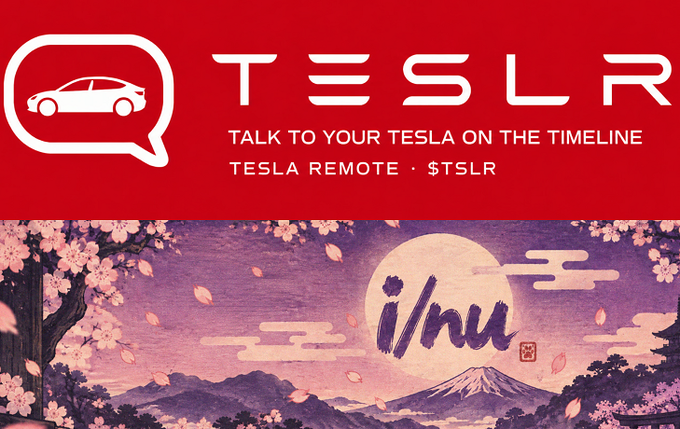 A promotional banner for Tesla ($TSLR) reading 'TALK TO YOUR TESLA ON THE TIMELINE' and 'TESLA REMOTE', alongside artwork featuring 'iNU' and cherry blossoms.