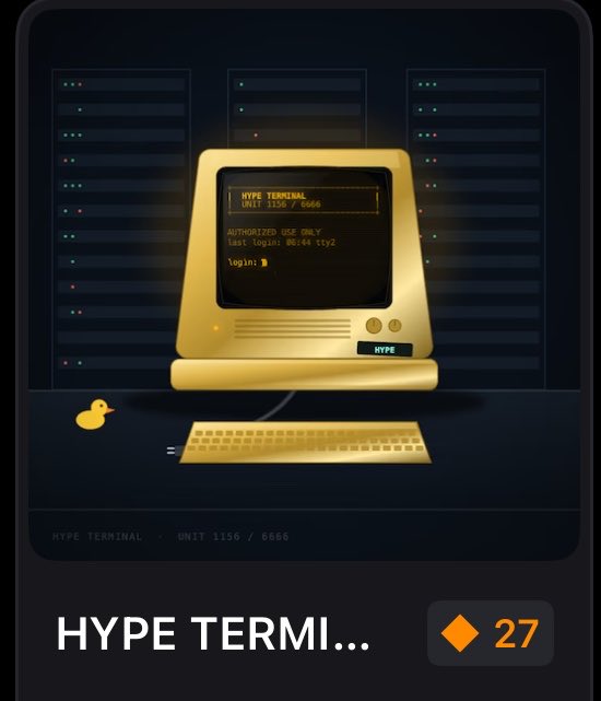The image shows a stylized gold "HYPE TERMINAL" computer displaying "UNIT 1136 / 6666" and "AUTHORIZED USE ONLY, last login: 08:41 tty2," signaling its limited supply. With the post celebrating a rare mint discover ("i got a rare big thanks to @0xNakel for the spot! now we pray for a huge pump"), the terminal imagery reinforces the excitement around obtaining one of only 6,666 hyped collectibles.