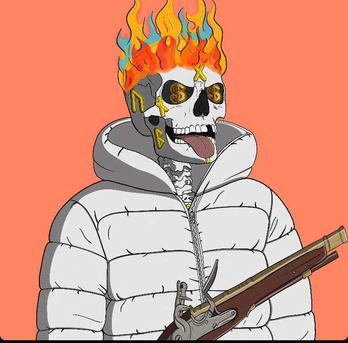 An illustration of a skeletal figure with a flaming skull for a head, featuring dollar signs in its eye sockets and gold teeth, wearing a puffy white jacket and holding a rifle against an orange background.
