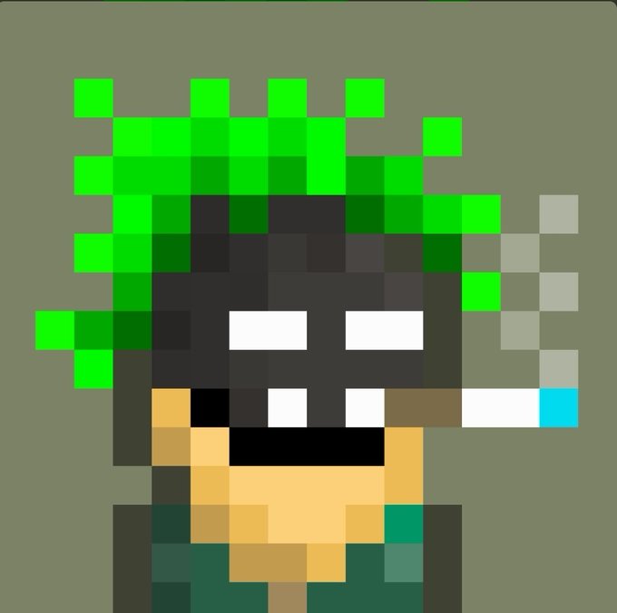 A pixel art character with dark hair, a green leafy hat, and a wooden stick stands against a green background.
