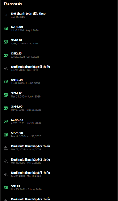 A dark-themed mobile app screen titled 'Thanh toán' (Payments) showing a list of transaction amounts in US dollars and their corresponding date ranges, along with several 'Dưới mức thu nhập tối thiểu' (Below minimum income) warnings.