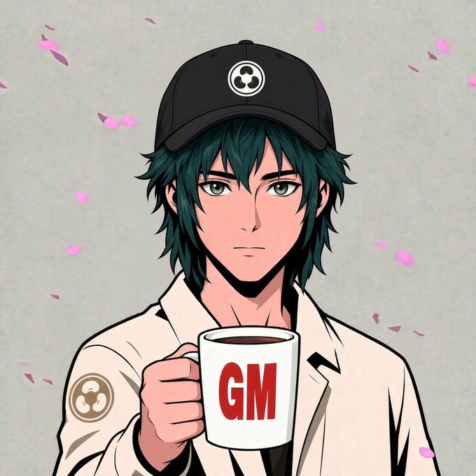 An anime-style illustration of a young man with teal hair wearing a black cap and beige jacket, holding a white mug that says 'GM'.
