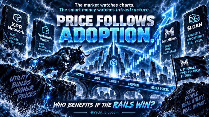 A promotional graphic reading 'PRICE FOLLOWS ADOPTION' with 'WHO BENEFITS IF THE RAILS WIN?' featuring XPR Network, WebAuth Wallet, Metallicus, $LOAN, and @Yacht_clubcoin.