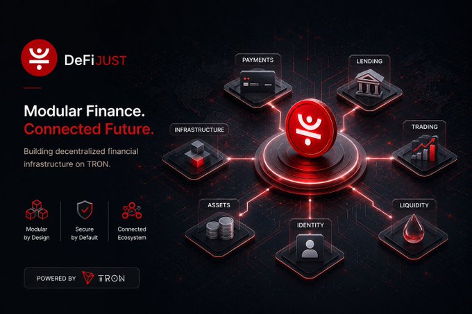 A promotional graphic for 'DeFiJUST' showcases 'Modular Finance. Connected Future.' built on TRON, featuring a central hub connected to icons representing Payments, Lending, Trading, Liquidity, Identity, Assets, and Infrastructure.