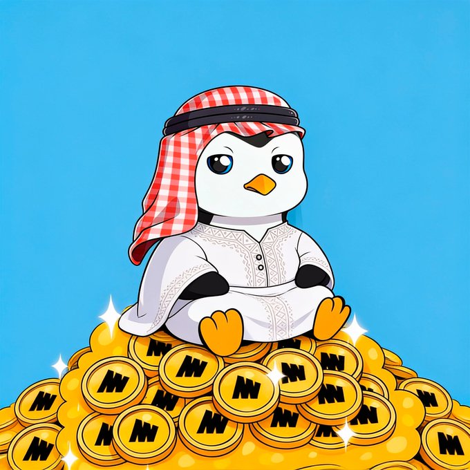 A cartoon penguin wearing a red and white checkered keffiyeh and a white thobe, sitting atop a pile of gold coins marked with a stylized 'M' logo against a blue background.