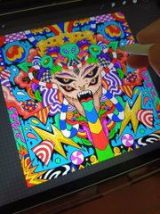 A vibrant, psychedelic artwork featuring a wide-eyed animal face surrounded by swirling rainbow patterns, bold geometric shapes, and colorful lightning bolts sits on a flatbed scanner. The accompanying post promotes the piece as an upcoming auction by an artist warning viewers not to stare too long at its dizzying design.