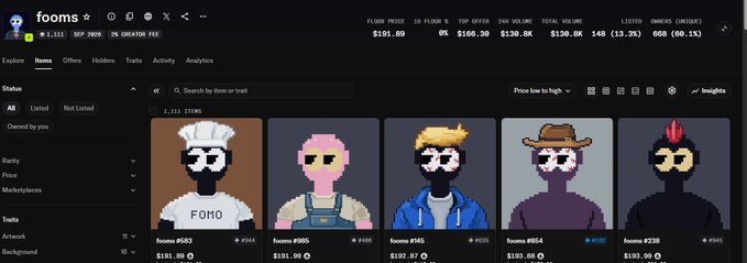 A screenshot of the fooms NFT marketplace on Solana showing pixel-art character collections including FOHO, fooms #085, #145, #054, and #238 with prices around $130-$194.