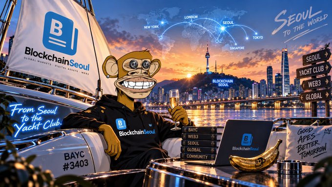 Promotional graphic for 'Blockchain Seoul' featuring a Bored Ape-style character on a yacht at sunset with text 'From Seoul to the Yacht Club' and 'Seoul to the World'.
