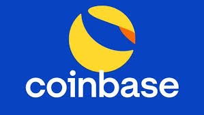 The Coinbase logo appears on a blue background, illustrating the user's tweet urging the cryptocurrency exchange to list the LUNC token, citing its burn mechanism as superior to other meme coins they currently support.