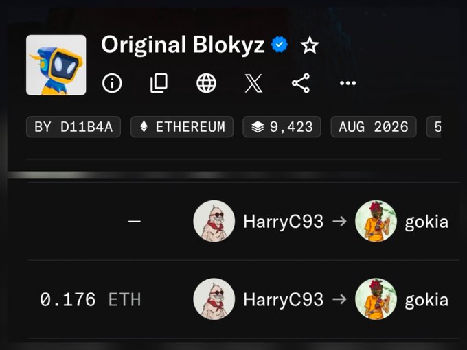 A digital interface displays an NFT collection titled 'Original Blokyz' with 9,423 items on the Ethereum blockchain, showing transactions of 0.176 ETH from user 'HarryC93' to 'gokia'.