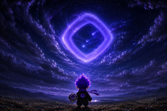 A small, purple-haired figure stands on a desolate landscape gazing up at a glowing diamond-shaped portal in a starry night sky, evoking a sense of cosmic wonder and discovery—mirroring the post's theme of introducing the community-driven meme project $BCHOG (@BURNINGCHOG) emerging within the Monad ecosystem.