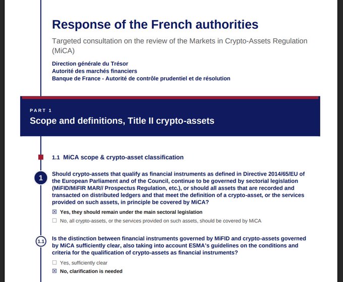 A slide titled “Response of the French authorities” presents the Direction générale du Trésor, AMF, and Banque de France–ACPR response to the MiCA review, covering crypto-asset scope and definitions under Title II. It says crypto-assets should remain under MiCA’s main sectoral legislation, with questions 1.1 and 1.2 marked, reinforcing the post’s concern that France may impose restrictions on non-MiCA stablecoins and unchecked DeFi access.