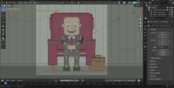 A Blender 3D software interface showing a pixel-art style character of a bald man in a suit sitting in a red armchair with a briefcase beside him, with the file path 'Camera Demoreels/blender pieces/.../kck final 2.blend' visible.
