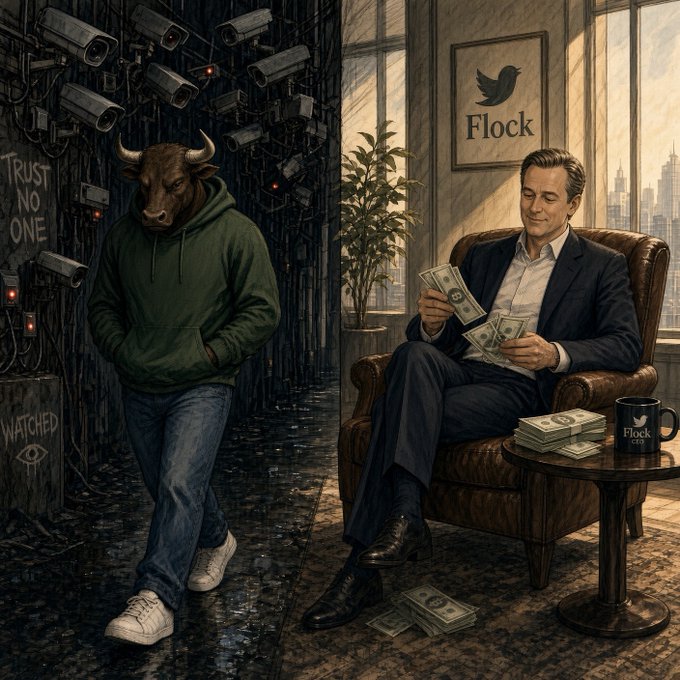 A split illustration contrasts surveillance and privilege: on the left, a figure wearing a bull mask and hoodie walks past a wall of CCTV cameras labeled "TRUST NO ONE" and "WATCHED," while on the right, a suited executive relaxes in a leather chair beneath a "Flock" logo, casually counting cash at a table bearing a "Flock CEO" mug. The image visually embodies the post's "Privacy for me but not for thee" sentiment, juxtaposing the average person's constant surveillance with the executive's comfortable detachment from that same scrutiny.