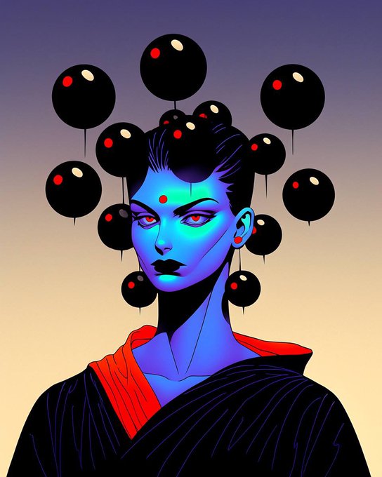 A stylized digital illustration of a woman with blue skin wearing a black and red kimono, adorned with black spherical ornaments floating around her head.