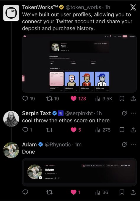 Twitter/X thread screenshot showing a post by TokenWorks (@token_works) about user profiles, followed by replies from Serpin Taxt (@serpinxbt) and Adam (@Rhynotic) saying 'cool throw the ethos score on there' and 'Done' respectively.