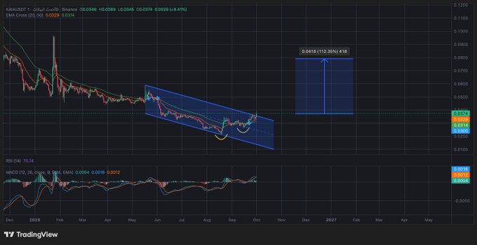 A TradingView chart for the token HMM/USDT on Binance showing a technical analysis with a falling wedge pattern and a projected breakout indicating a potential 112.35% gain to $0.0418.