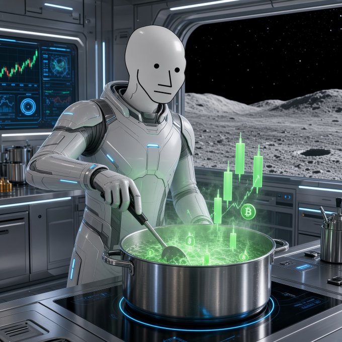 A humanoid robot in a futuristic kitchen stirring a glowing green pot on the moon, with green cryptocurrency candlestick charts emerging from the pot and starry space visible through the window.