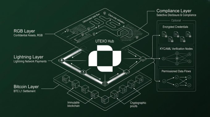 A technical diagram of the UTEXO Hub showing its layered architecture including RGB Layer (Confidential Assets), Lightning Layer (Lightning Network Payments), Bitcoin Layer (BTC L1 Settlement), and Compliance Layer with Selective Disclosure & Compliance features.