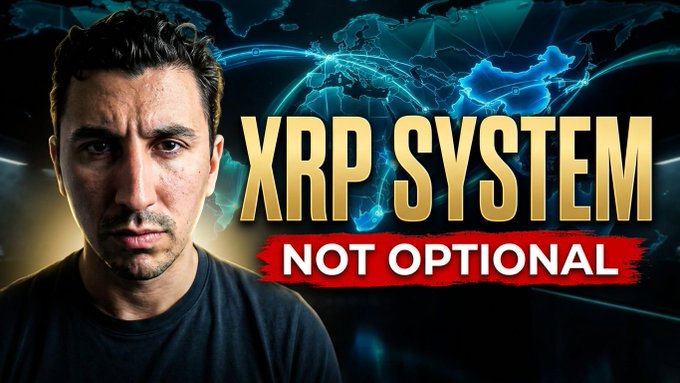 A man stands before a glowing blue world map graphic with bold text reading "XRP SYSTEM NOT OPTIONAL," visually reinforcing the post's message about the inevitable convergence of gold-backed collateral, tokenization, and neutral settlement rails positioning XRP as essential infrastructure for a major wealth transfer.