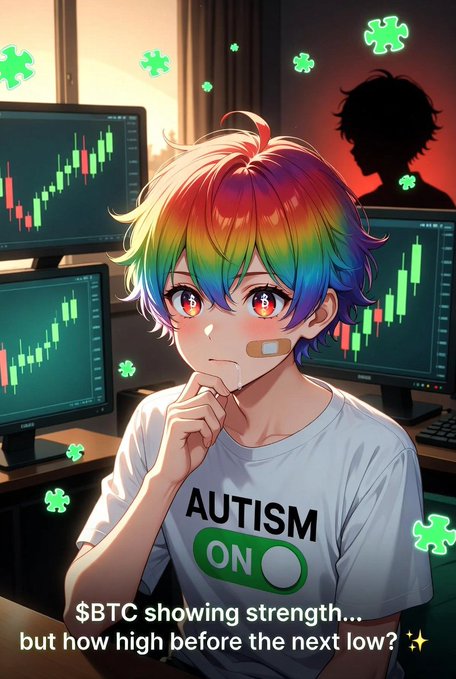 An anime-style image of a rainbow-haired character wearing pixelated sunglasses and an 'AUTISM ON' t-shirt, looking at trading charts with the text '$BTC showing strength... but how high before the next low?'