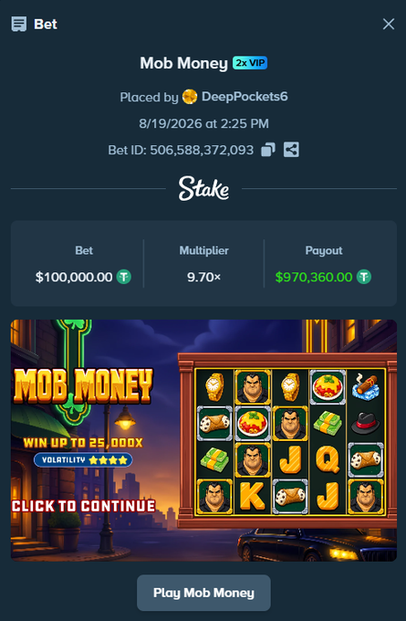 A screenshot of a Stake.com bet receipt showing "Mob Money" placed by DeepPockets6 on 8/19/2026 with a $100,000.00 bet yielding a 9.70× multiplier and $970,360.00 payout, likely shared by a user to promote a $50 giveaway on Twitter requiring participants to follow, retweet, and submit their Stake username and Solana address.