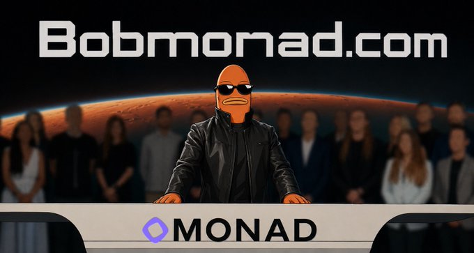 A promotional graphic for 'Bobmonad.com' featuring a cartoon character wearing sunglasses and a leather jacket standing in front of a crowd, with the 'MONAD' logo displayed at the bottom.