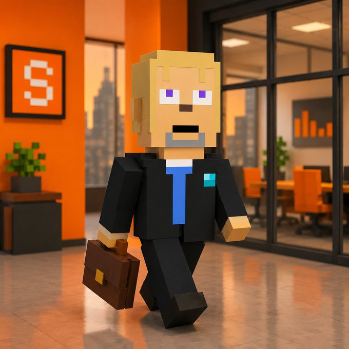 A blocky, Minecraft-style character in a dark suit and blue tie walks through a modern office carrying a brown briefcase. The orange wall behind him features a pixelated "S" logo, matching the Stonkbroker branding referenced in the post about cryptocurrency and new financial technologies.