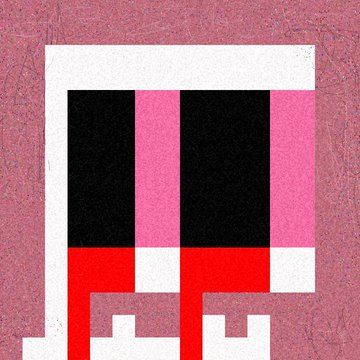 A minimalist pixel art design featuring vertical black, pink, and white stripes dripping red downward, set against a textured pink background.