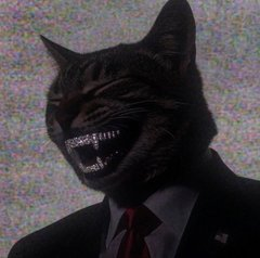 A meme image showing a dark, creepy cat-like figure in a business suit and tie with an unsettling toothy grin, paired with the caption "$CATE roll call to see who didn't sell the bottom"—the sinister grin humorously representing the smug, manic mood of crypto holders who held through a price dip.