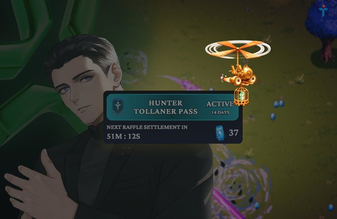 A game interface showing a character named 'HUNTER' with an active 'TOLLANER PASS' (14 DAYS) and 'NEXT RAFFLE SETTLEMENT IN 51M : 12S' alongside a gold helicopter pet.